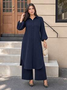 SHEIN Lady CURVE Áo sơ mi dệt kim màu xanh hải quân, cổ bẻ, tay phồng, có túi, dáng dài, cỡ lớn, thích hợp cho mùa thu đông, trang phục công sở thanh lịch, bộ đồ hai mảnh cho nữ dịp Lễ Tạ ơn, trang phục mùa thu, quần áo dáng ôm, trang phục thanh lịch cho Lễ Tạ ơn, trang phục hai mảnh mùa thu cho nữ. - Màu xanh lam - Xem 5