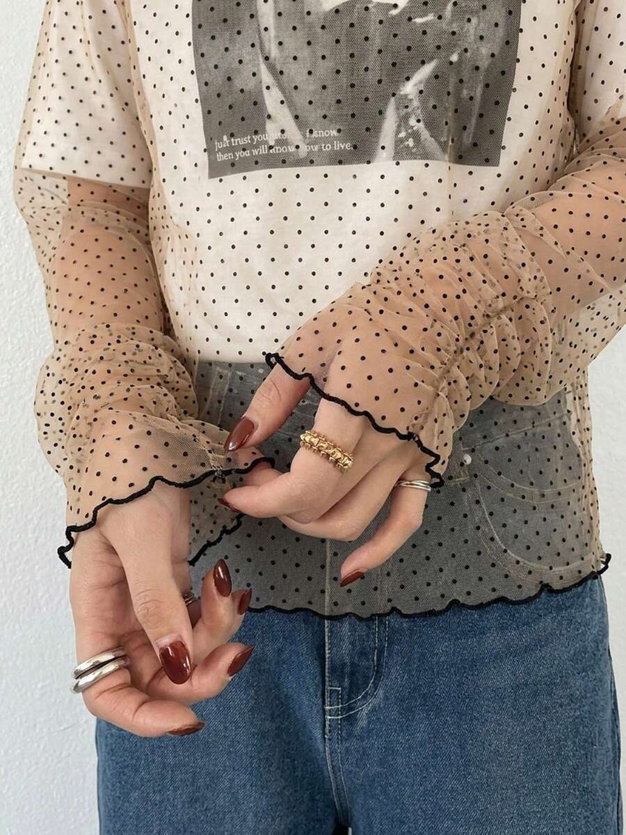 FRIFUL 女款素色對比滾邊透視網紗面料寬鬆休閒百搭T恤,春/夏 - 棕色 - 查看 1