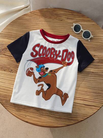 SCOOBY-DOO X SHEIN 小男孩對比色卡通印花短袖T恤