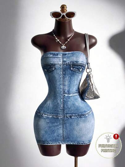 SaltGleam SaltGleam 2026 New Summer Vintage Denim Blue Strapless Denim Dress, Denim Effect 3D Digital Print Dress, Sexy Streetwear Style, Bodycon Mini Dress, Waist Cinching Silhouette, Suitable For Outings, Nightclub Parties, Dates, Street Photography, Versatile Dress