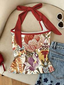 Franclia All-Over Print Backless Scoop Neck Fitted Sleeveless Top For Summer Beach Beige Cute - Multicolor - View 2