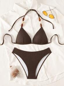 Swim Vcay-D Women Solid Color Spaghetti Strap Pearl Decor Tie Back Triangle Bikini Two Pieces Swimwear - Coffee Brown - View 3