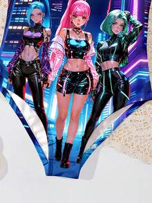 Young Girl Fashionable Cartoon Girl Print One-Piece Swimsuit, Casual Minimalist K-POP Cartoon Girl Design, Suitable For Summer - Multicolor - View 4