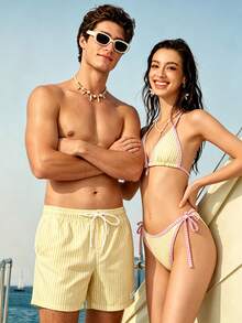 Manfinity VDAYZ 1pc Men's Beach Vacation Style Contrast Color Striped Print Drawstring Waist Beach Shorts, Holiday - Light Yellow - View 3