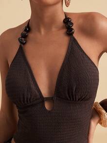Travachic Women's Solid Color Minimalist Sexy Daily Swimwear Set Beach Party Vacation Chocolate Brown Summer - Brown - View 8