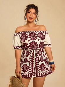 Travachic Plus Size Women's Blue & White Floral Print Romper, Off-Shoulder Short Sleeve Cinched Waist Jumpsuit, Casual Holiday Island Vacation Jumpsuit - Burgundy - View 5