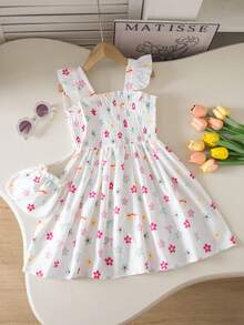 SHEIN Genkimix Kids 女童休闲时尚日常樱桃印花无袖高腰短连衣裙，搭配同色斜挎包，夏季 - 彩色 - 查看 3
