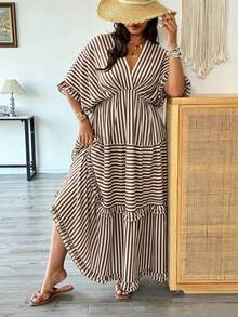 Vionelle Plus Size Women Elegant Boho White Ruffle Hem Dress, Spring/Summer Vacation - Khaki - View 3