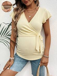 SHEIN Solid Color Minimalist Twist Front Short Sleeve Nursing Top - Multicolor - View 5