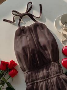 Comfortcana Women's Pleated Halter Cinched Waist Backless Camisole Tea Party Brown Summer Elegant - Coffee Brown - View 4