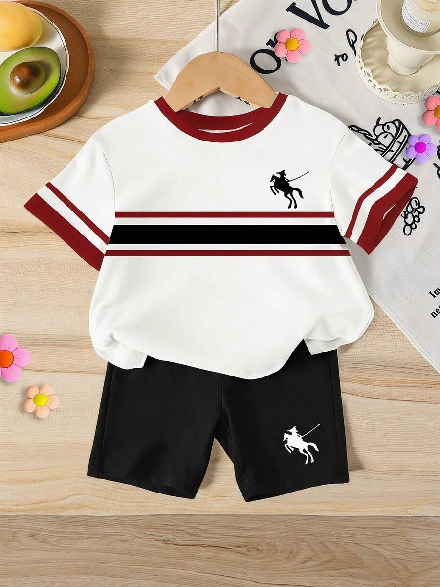Young Girl Colorblock Striped Print Round Neck Short Sleeve T-Shirt And Shorts Set - Multicolor - View 1