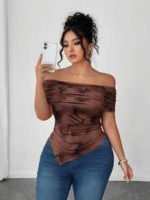 Elenzga Plus Size Women Elegant Off-Shoulder Ruched Asymmetric Hem Cinched Waist T-Shirt - Brown - View 1