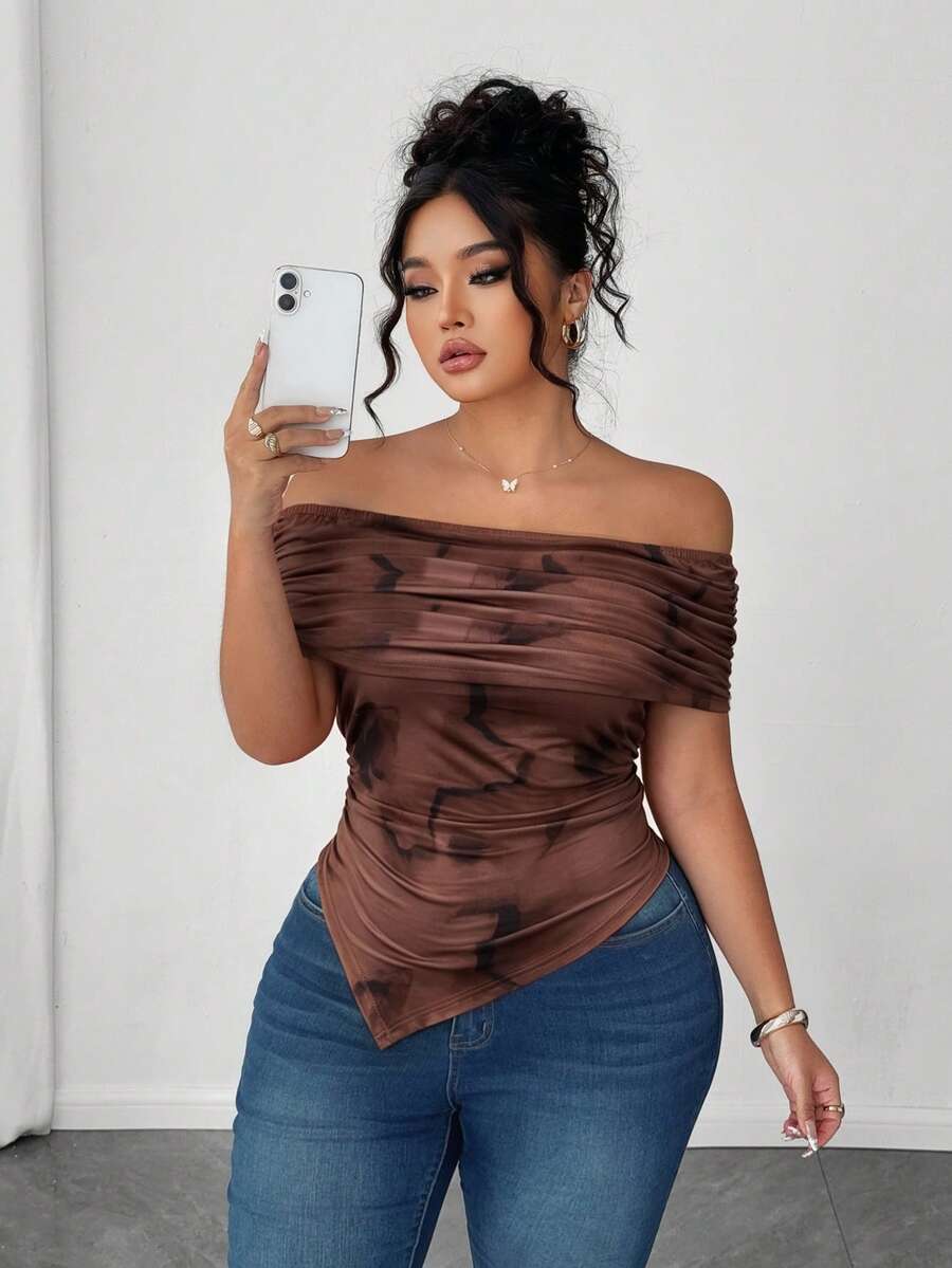 Elenzga Plus Size Women Elegant Off-Shoulder Ruched Asymmetric Hem Cinched Waist T-Shirt - Brown - View 1