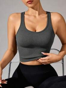 SHEIN 1件女款極簡純色交叉背運動內衣，健身上衣，女款健身服，女款健身套裝，女款運動裝 - 灰色 - 查看 4