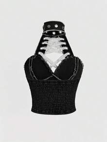ROMWE J-Fashion Y2K 性感系带露脐牛仔上衣（女款） - 黑色 - 查看 2