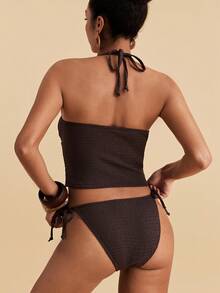 Travachic Women's Solid Color Minimalist Sexy Daily Swimwear Set Beach Party Vacation Chocolate Brown Summer - Brown - View 2