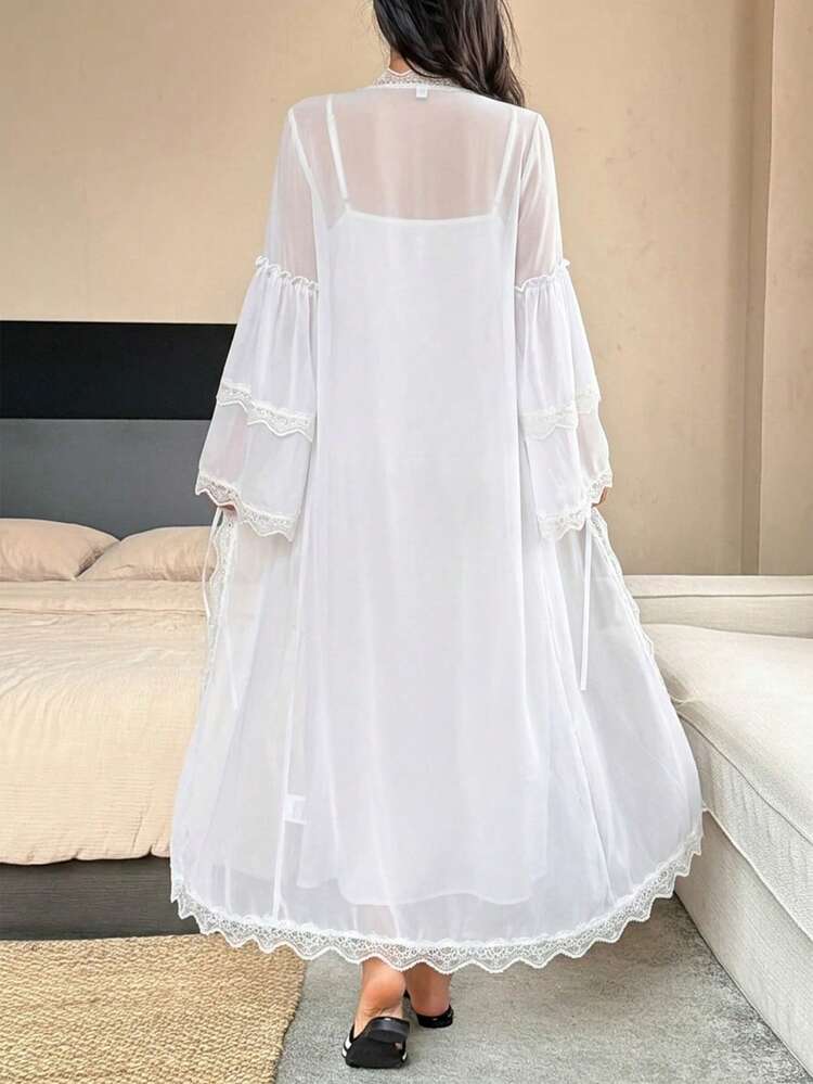 Charming Sheer Chiffon & Lace Patchwork Loose Long Robe For Women