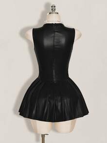 SHEIN ICON 女士纯色圆领无袖褶裥下摆迷你连衣裙 - 黑色 - 查看 2