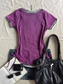 INAWLY 2-In-1 Cinched Waist Women Slogan Striped Short Sleeve T-Shirt - Purple - View 2
