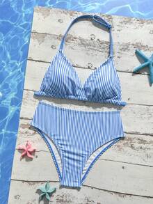 SHEIN Tween Girls Striped & Floral Print Tankini Swimsuit Set, Summer Holiday - Blue and White - View 6