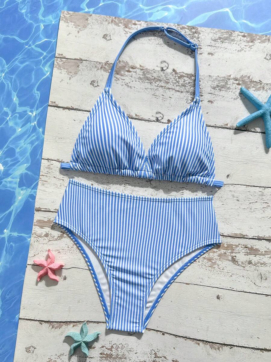 SHEIN Bộ đồ bơi tankini kẻ sọc và họa tiết hoa dành cho bé gái tuổi teen, thích hợp cho kỳ nghỉ hè. - Xanh và trắng - Xem 1