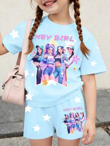 1 Set Young Girls' Sweet K-POP Girl Pattern & Pentagram Print Short Sleeve T-Shirt And Shorts Set,Casual Fashionable For Summer,School,Back-To-School - Multicolor - View 1