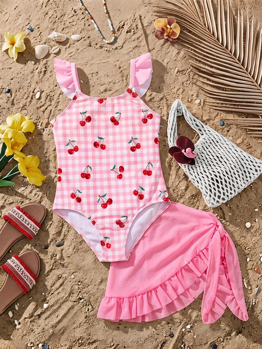 SHEIN Bộ áo liền quần và chân váy xếp ly buộc dây in hình quả anh đào cho bé gái. - Nhiều màu - Xem 1
