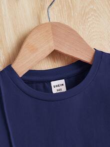 SHEIN 寶寶男孩休閒舒適的鈕扣前半開襟短袖襯衫和短褲套裝 - 藏蓝色 - 查看 4