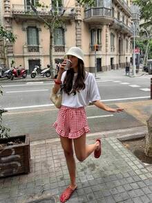 DrmWander Women's Casual Floral Plaid Print Ruffle Hem Loose Shorts, Suitable For Summer Holiday, Daily Commute - Multicolor - View 3