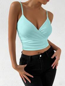 Allurite Sexy Solid Color Draped Spaghetti Strap Camisole Top For Summer - Blue - View 7
