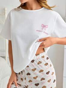SHEIN 蝴蝶结图案T恤和豹纹爱心印花长睡衣休闲家居套装 - 白色 - 查看 5