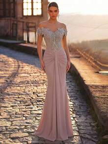 Glamrae Rochie elegantă și luxoasă, cu mâneci decupate, brodate cu mărgele, cu imprimeu de plasă și elastic, în formă de coadă de pește, potrivită pentru nuntă, petrecere, sărbătoare, rochie de seară (rezistentă) - Roz praf - Vizualizare 7