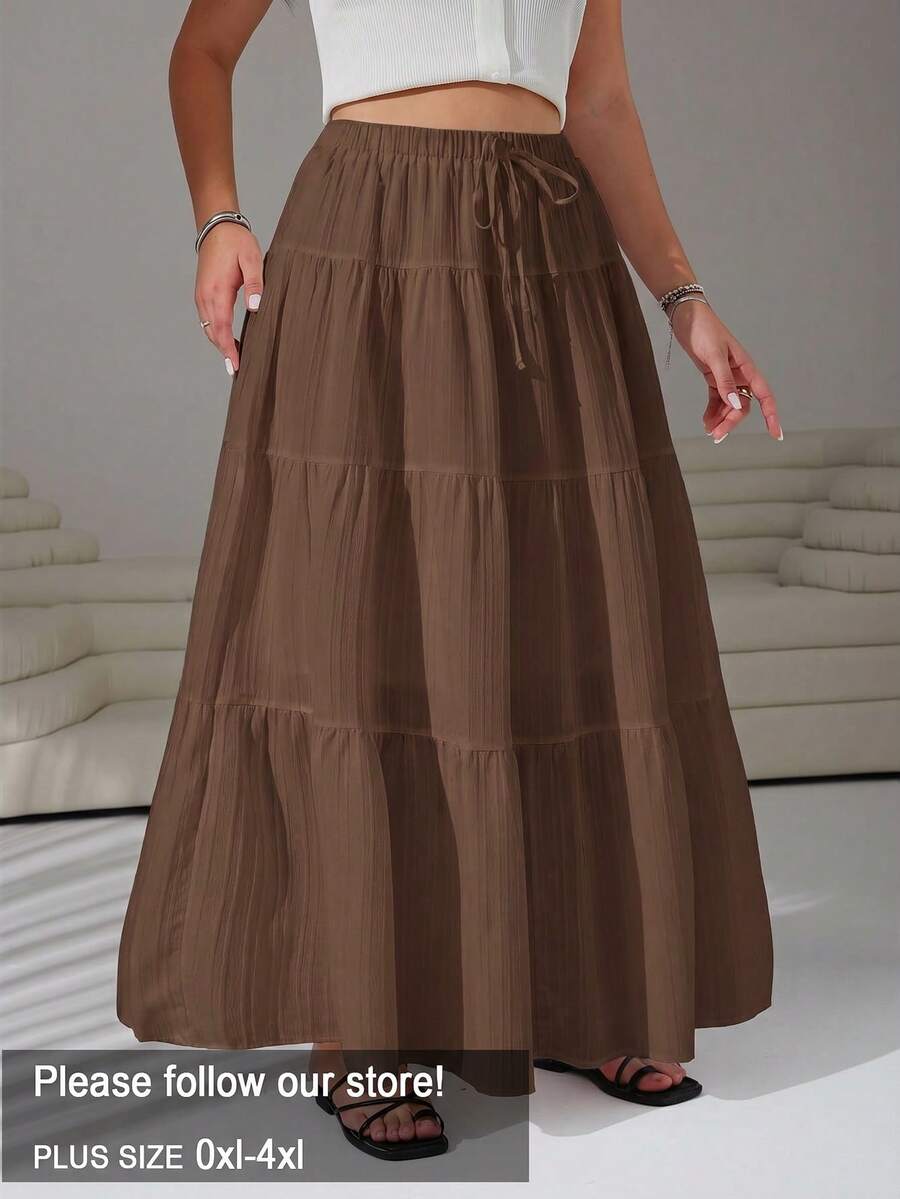 SHEIN EZwear Rok Wanita Ukuran Besar Kasual, Liburan, Sehari-hari, Perjalanan, Warna Polos, Pinggang Bertali, Hem Bertingkat, Musim Semi/Panas/Gugur - Coklat - View 1