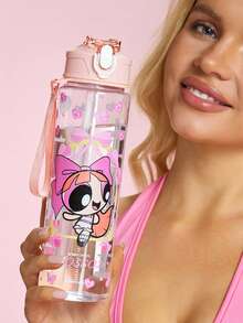 THE POWERPUFF GIRLS X SHEIN 750毫升水瓶，配有硅胶吸管和防漏盖，适合旅行、观光和上学使用，塑料材质。 - 粉色 - 查看 2