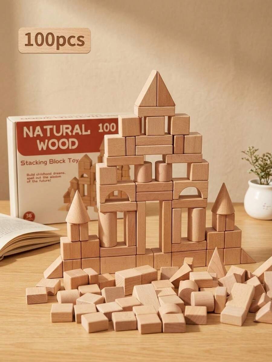 MINKOJA Wooden 100-Piece Large Particle Educational Building Blocks Set – Supports Early Learning For Shape Recognition, Cultivates Creativity And Hands-On Skills, Exercises Spatial And Logical Thinking. A Montessori Learning Toy And STEM Educational Building Block Set. Includes 100 Shaped Blocks. An Ideal Birthday Gift For Both Boys And Girls. Wooden Toy.