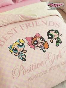 THE POWERPUFF GIRLS X Joivida 3pcs Pink Checkerboard Cartoon Pattern Bedding Set, Countryside Style, Suitable For Single/Double/King Beds, Great For Dormitory, Home, A Unique Gift For Housewarming, Birthday Or Anniversary - Pink - View 4