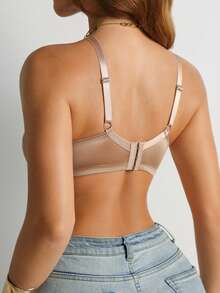 DesireSculpt Women's Comfortable Solid Sexy Flower Lace Scallop Romantic & Simple Cross Strap Wire-Free Soft Cup Anti-Sagging Support Bra - Mocha Brown - View 3