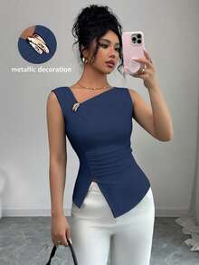 SHEIN Elenzya 女士夏季休闲通勤简约纯色不对称领口金属装饰开衩下摆修身背心 - 藏蓝色 - 查看 7