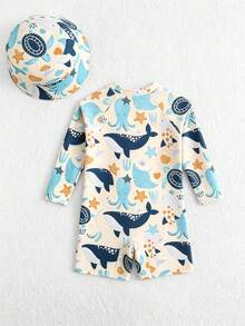 SHEIN Infant/Baby BoyWhale Print Long Sleeve Rash Guard Swimsuit With Sun Protection Wide Brim Hat - Multicolor - View 2