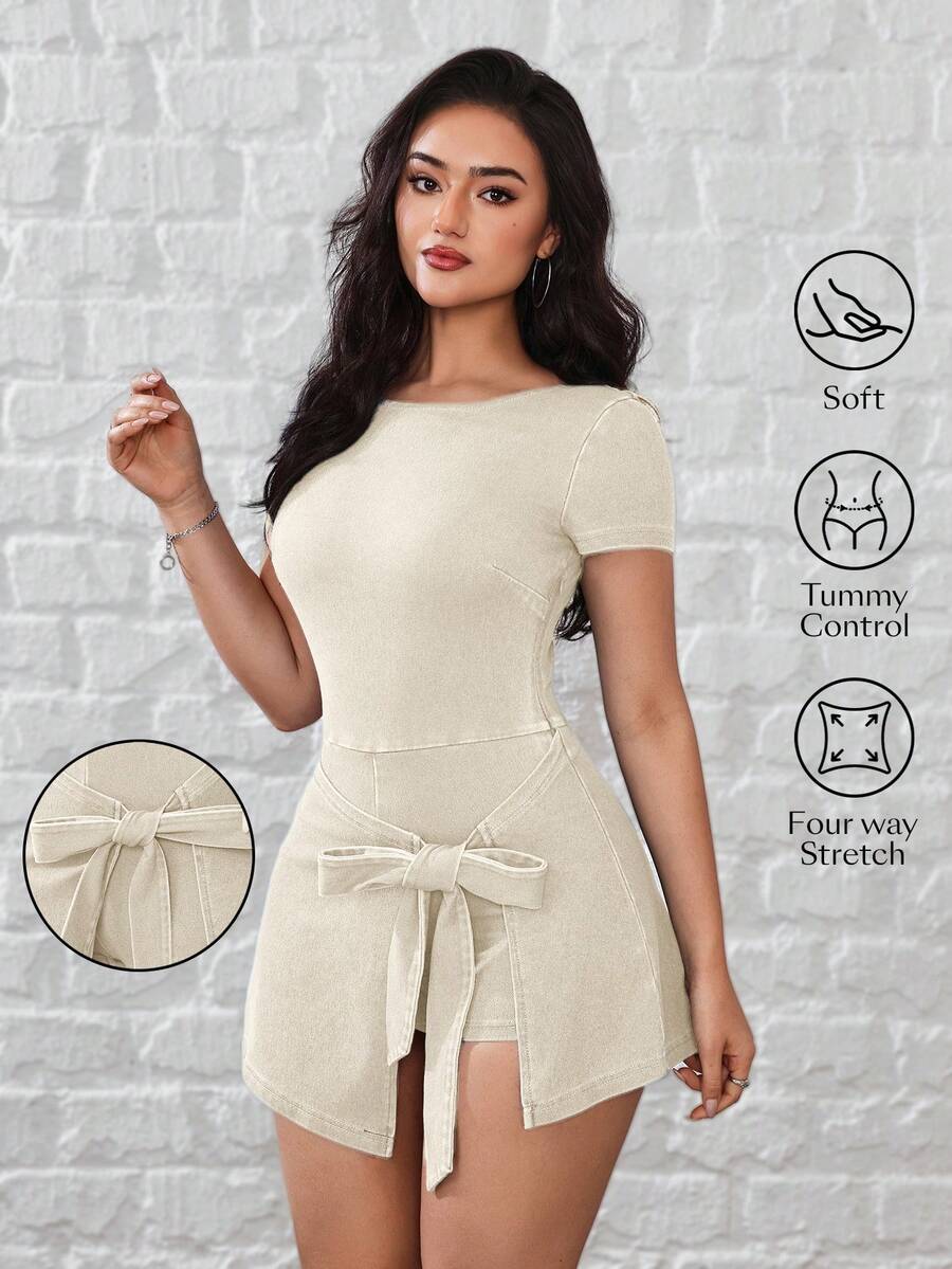 SHEIN Unity 女士圆领短袖侧打结休闲牛仔连衣裙 - 白色 - 查看 1
