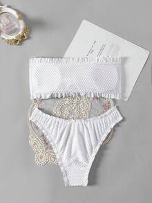 Swim Basics Women's Summer Vacation Beach Solid Color Textured Knotted Front Bandeau Bikini Set - White - View 2