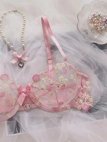 SHEIN MOD Sweet Girl Cute Pink Mesh Embroidered Thin Bra With Heart Rhinestone Decor, Silky Bow Tie Panty Ladies Lingerie Set - Pink - View 4