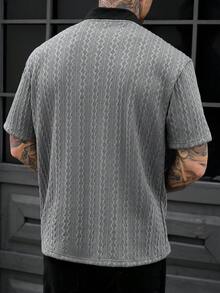 Manfinity CasualCool 男士复古针织短袖 Polo 衫，V 领撞色领休闲纹理上衣，夏季 - 藍色 - 查看 2