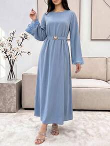 Veilorie Elegant Arabic Style Floral Patchwork Round Neck Waist Cinched Long Sleeve Dress - Blue - View 2