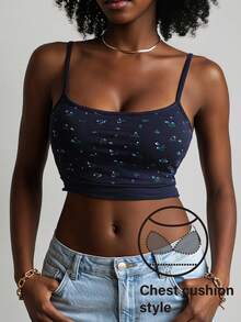 Livesso Summer Sexy Ditsy Floral Camisole Top With Built-In Padded Bra For Women - Navy Blue - View 3