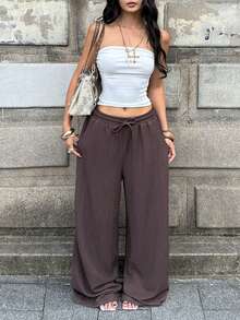 Pantalones blancos de algodón 100% lavados, con dobladillo curvo, para mujer, estilo básico minimalista, para ir a conciertos campestres de verano, salir, playa y vacaciones bohemias - Marrón Mocha - Ver 6