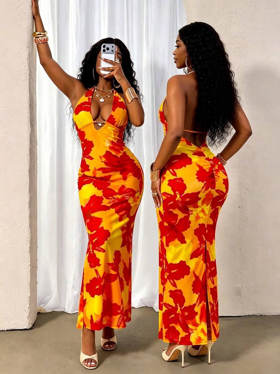 Glyssa Women's Summer Beach Vacation Red And Yellow Mesh Floral Print Bodycon Sexy Tropical Backless Dress For Party Caribbean Outfits For Women - Orange - View 1