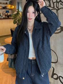 DAZY 女款拉鍊領寬鬆休閒夾克校園風 - 藍色 - 查看 3