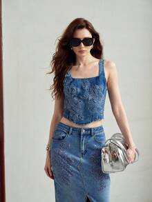 MOTF PREMIUM WOMEN'S EMBROIDERED BEADED SQUARE NECK DENIM TOP - Medium Wash - View 5