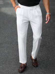 Manfinity Mode Men's White Business Suit Pants With Double Waistband Design, Spring/Summer, Formal - White - View 4